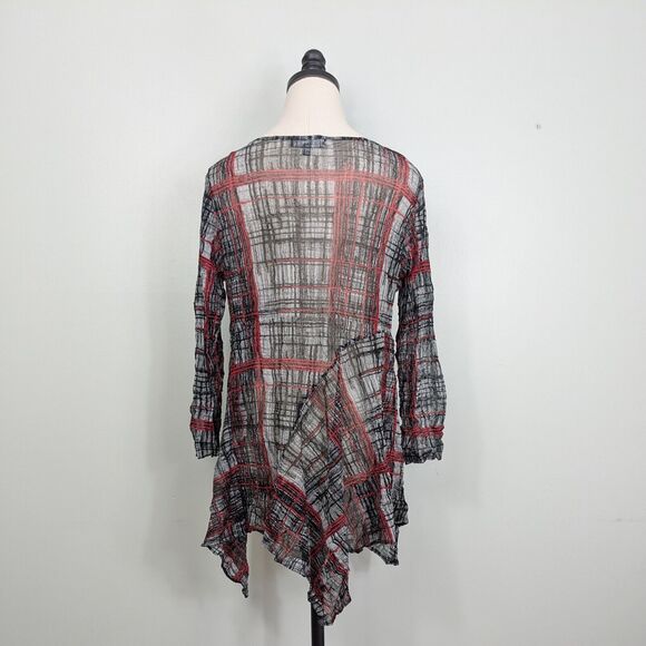 Mesh Top S Red Black Y2K Vintage Whimsigoth Comfy Loose Sheer Plaid Sleeve - Picture 3 of 9